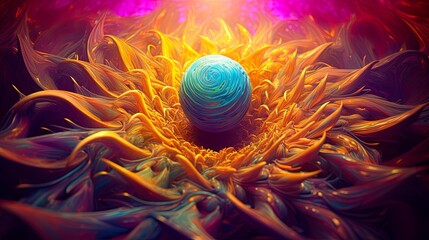 Wall Mural - Beautiful blue glowing pearl l in a luxury flow of gold and purple fluid. Fantasy planet, earth being born from motion, liquid and beauty. Unique creation, background for esoteric background, banner.