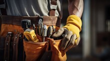 Close-up Of Maintenance Worker With Bag And Tools Kit Wearing On Waist.