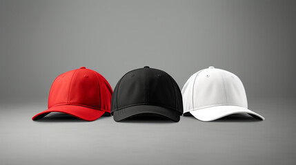 Wall Mural - Set of blank white, black and red baseball cap mockup template isolated on grey, clipping path.