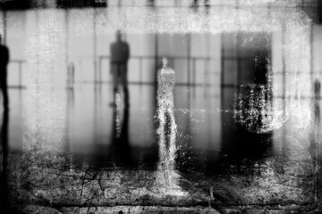 Wall Mural - Silhouettes odf different people. Grunge texture.   . Abstract grunge futuristic illustration. 
