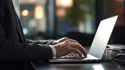 Poster - businessman working on laptop in office. generative ai