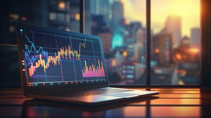 Poster - Laptop with stock graph and business finance on city skyline at night background