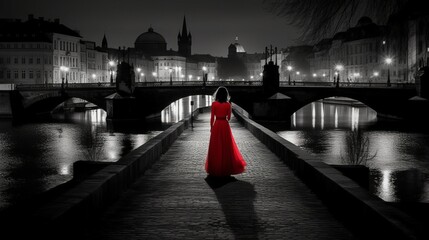 Wall Mural - woman in red night gothic city