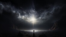 Man Standing Alone On A Vast Empty Land With Light Flare And Dark Cloud Sky