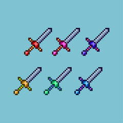 Poster - Pixel art sets of sword weapons with variation color items asset. simple bits of sword dugeon loot on pixelated style.8bits perfect for game asset or design asset element for your game design asset