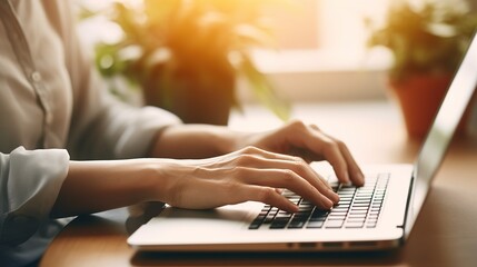 Wall Mural - person typing on a laptop in modern workplace. generative ai