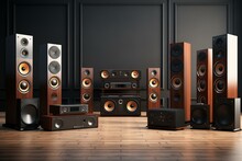 Top-quality speakers and audio gear for home cinema and sound studios. 3D rendering. Generative AI
