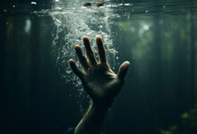 Underwater Scene Of Hand Trying To Call For Help. Selective Focus Of A Hand In The Water In Naturalistic Realism. Hand With Outstretched Fingers That Reflects The Tension Of The Gesture.