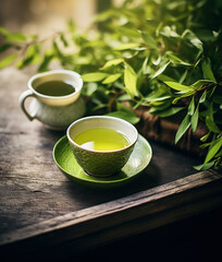 Cup of green tea on table