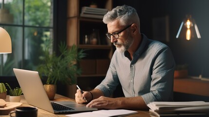 Poster - businessman works on his laptop at home. Young student or remote teacher at home office using computer remote studying, virtual training, and watching online education webinar. generative ai