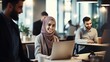 © WS Studio 1985 - Happy muslim businesswoman in hijab at office workplace. Smiling Arabic woman working on laptop. generative ai