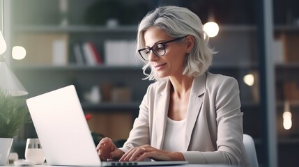 Poster - person working on laptop in office. generative ai