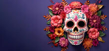 Sugar Skull With Flowers On Purple Background, Day Of The Dead