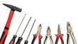 Collection of home repair tools on transparent background with space for text. Hammer, screwdrivers, pliers, wire cutters