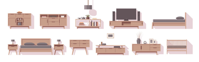 Furniture set. Interior furniture. Flat furniture. Cabinets beds and other. Vector illustration