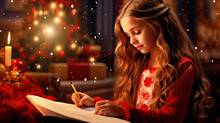 Beautiful Girl Writing A Letter To Santa Claus