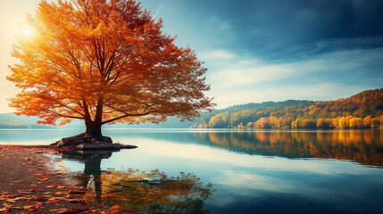 lake and tree in autumn. beautiful landscape with copyspace. ai generative