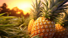 Two ripe pineapples in a sunny pineapple field