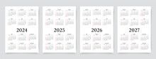 Calendar For 2024, 2025, 2026, 2027 Years. Simple Calender Layouts. Desk Planner Template With 12 Month. Week Starts Sunday. Pocket Or Wall Calendars. Yearly Diary Organizer. Vector Illustration