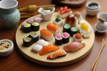 Wall Mural - A delicious plate of sushi with chopsticks on a wooden table