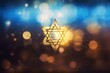 Decorative golden Jewish religion symbol Magen David star on blue bokeh blurred background. Rosh Hashanah, Jewish New Year holiday or Hannukah greeting card with lights and Jewish star