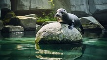 At The Zoo, A Seal Can Be Seen Playing On A Stone