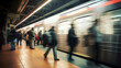 © PETR BABKIN - Subway train arrived at the station at speed, rushing people are waiting to board, abstract background blurred motion. Generative Ai