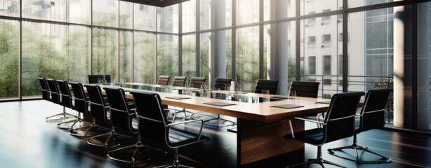 Canvas Print - modern interior of a conference room in a business office with large windows and black chairs. Generative Ai