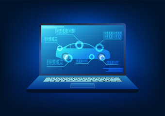 Poster - Technology that integrates with the car In order to access the performance of the car's systems, it helps to quickly analyze the details of the problem. The laptop screen has a car being scanned.