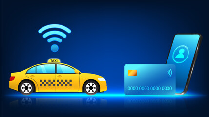 Poster - Smartphone technology linked to credit cards can pay taxi drivers via mobile phone. The taxi has a Wi-Fi sign and a mobile phone with a credit card on the front.
