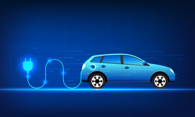 Electric car technology, a vehicle connected to an electrical outlet The technology in which vehicles use electric energy to drive is clean energy and there are electric car charging stations