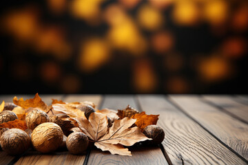 Wall Mural - Autumn Wooden Table Product Display with Copy Space and a Golden Brown Sunset Blurred Autumn Background of Leaves for Thanksgiving and Other Seasonal Messages