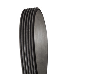 Wall Mural - V-ribbed engine belt made of black rubber on a white isolated background in a photo studio of auto parts for replacement during repair or for a catalog of spare parts for sale on auto analysis.