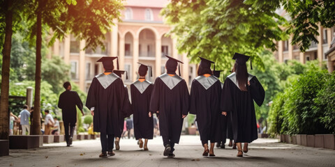 The back of the graduates are walking to attend the graduation ceremony at the university, Concept of Successful Education in High School, Congratulated Degree