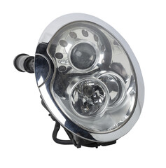 Poster - Stylish xenon headlight of a German car - optical equipment with a lamp inside on a white isolated background. Spare part for auto repair in a car workshop.