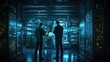 Two men looking at hologram screens in server room