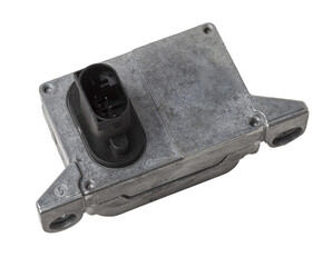 Sticker - Plastic car engine control unit with metal elements on a white isolated background is the connecting center of various subsystems, units and assemblies. Monitoring the state of the moment. Spare part