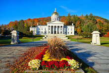 Vermont State House With Colorful Flowers During Autumn, Montpelier, USA