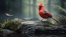 A Cardinal Bird Perches On A Rock In Water