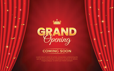 Realistic grand opening invitation banner with red curtains, golden elements and 3d editable text effect