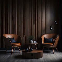 Step into a mid-century modern dream with this stunning living room design. Two sleek wooden chairs sit perfectly against a wood paneling wall of modern living room