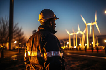 Back view of energy engineer on background of wind power station