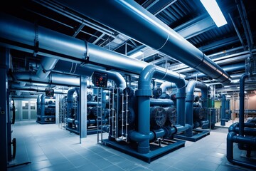 Industrial HVAC system with chiller, boiler, heating, ventilation, air conditioning, and piping in a factory pump room for industrial construction. Generative AI