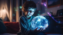 a little boy holding a plasma ball with purple and pink lights.