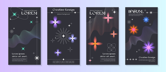 Wall Mural - vector insta story cosmic templates with linear shapes,blurred sparkles in 90s style.smm banners in 