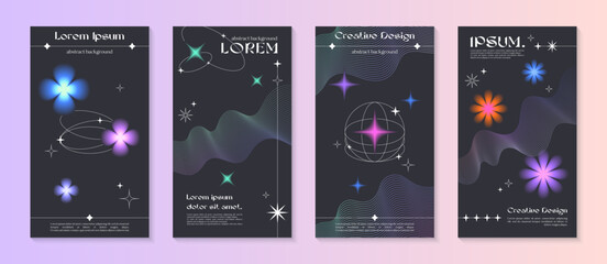 Wall Mural - vector insta story cosmic templates with linear shapes,blurred sparkles in 90s style.smm banners in 