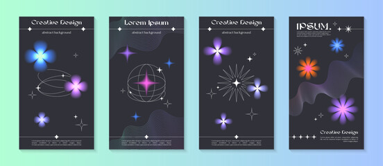 Wall Mural - vector insta story cosmic templates with linear shapes,blurred sparkles in 90s style.smm banners in 
