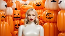 Youthful Lady In Halloween Ensemble With Inflatables Disconnected On White Foundation