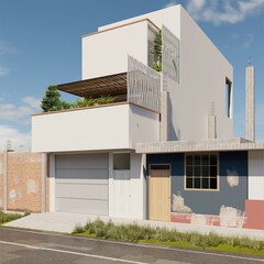 Wall Mural - minimalist housing facade, bioclimatic housing, exterior and interior spaces, latam style, minimalism, render, photo, facade, street view, architectural project, 3-floor house