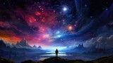 Fototapeta Fototapety z naturą - Person standing on fantasy landscape looking at a sky and celestial objects